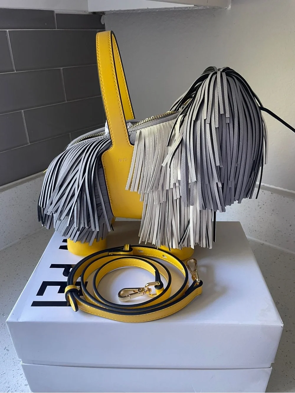 JW PEI Fringe Dog Crossbody Bag in Black, White, Gray & Yellow - Picture 4 of 8